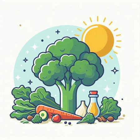 Vector illustration of healthy food. Broccoli, carrot, eggplant, olive oil, sun and sun.のイラスト素材