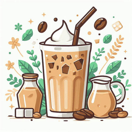 Iced coffee with milk in a glass and ingredients. Vector illustration.のイラスト素材