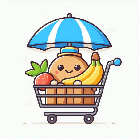 Cartoon illustration of shopping cart with food. Cute cartoon character.のイラスト素材