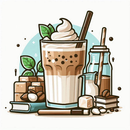 Iced coffee with milk and whipped cream in a glass. Vector illustration.のイラスト素材