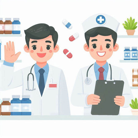 Male doctor and nurse in the hospital. Vector illustration in cartoon style.のイラスト素材