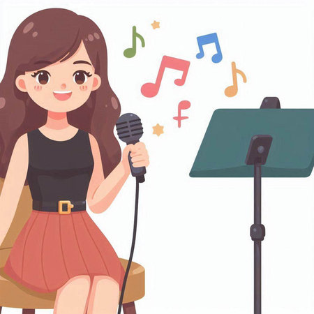 Cute karaoke girl with microphone. Vector illustration in cartoon style.のイラスト素材