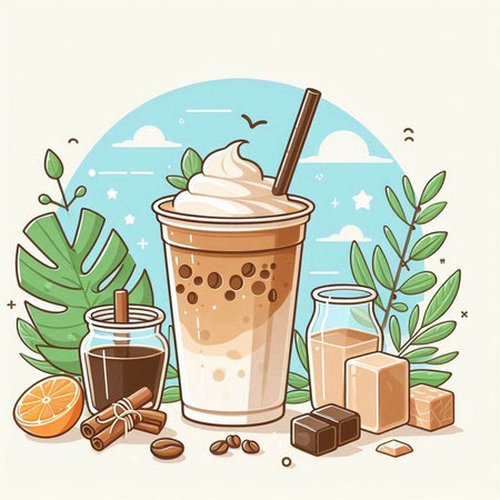 Iced coffee with milk and chocolate in a glass. Vector illustration.のイラスト素材