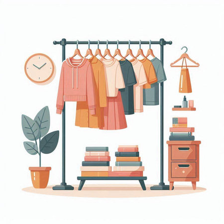 Clothing rack with clothes and accessories. Vector illustration in flat styleのイラスト素材