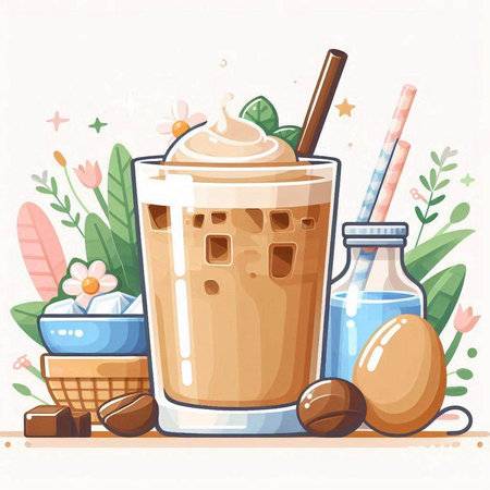Iced coffee with milk and ice cubes. Vector illustration in cartoon style.のイラスト素材