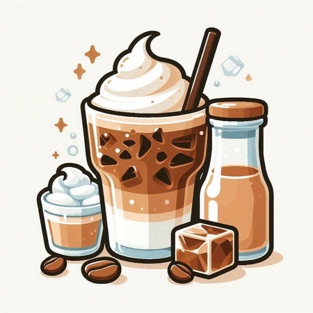 Iced coffee with milk and ice cubes. Vector illustration in cartoon style.のイラスト素材