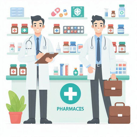 Pharmacist and pharmacist in the pharmacy. Vector illustration.のイラスト素材