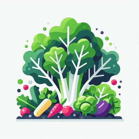 Vegetables flat vector illustration. Cabbage, beet, carrot, radish, lettuce, cucumber, parsley, radish.のイラスト素材