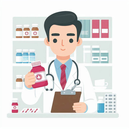 A male pharmacist standing in front of a shelf full of medicines vector flat design illustration isolated on white background.のイラスト素材