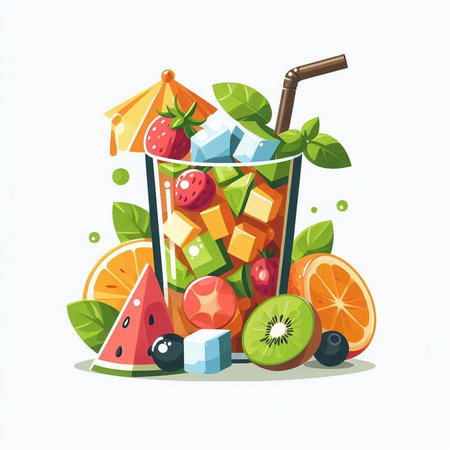 Fruit cocktail with ice cubes, watermelon, kiwi, orange. Vector illustrationのイラスト素材