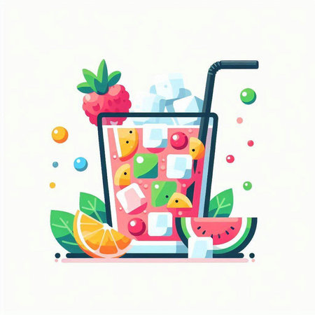 Cocktail with ice cubes and fruits. Vector illustration in flat styleのイラスト素材
