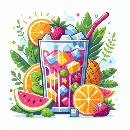 Fruit cocktail with ice cubes, fruits and berries. Vector illustration.のイラスト素材