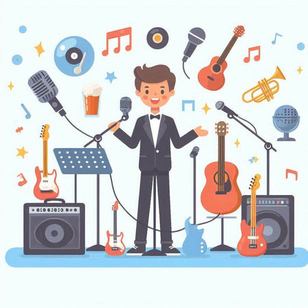 Vector illustration of a man in a suit singing and playing musical instruments.のイラスト素材