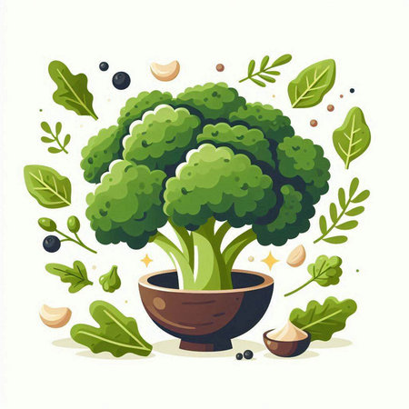 Broccoli and ingredients for salad. Vector illustration in cartoon style.のイラスト素材
