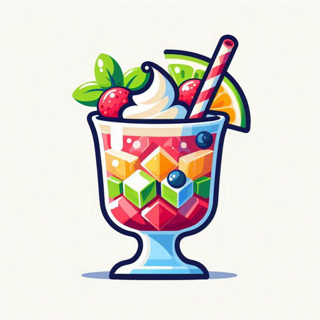 Cocktail with ice cream, fruits and berries. Vector illustration.のイラスト素材
