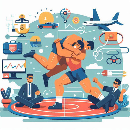 Flat design concept of business competition, fight between businessman and businesswoman.のイラスト素材