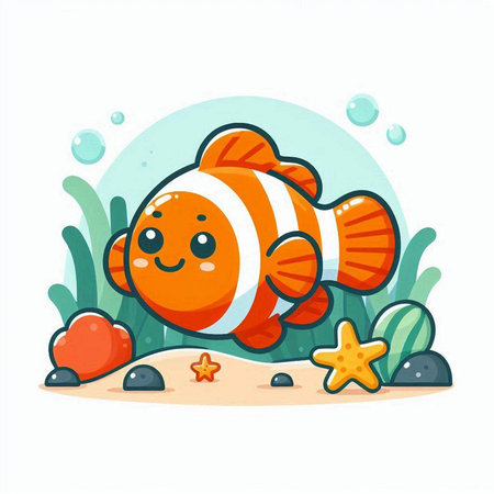 Cute cartoon clownfish on the seashore. Vector illustrationのイラスト素材