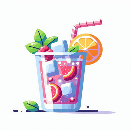 Cocktail with fruits and berries. Vector illustration in flat styleのイラスト素材