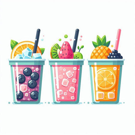 Fruit smoothies in paper cups with straws. Vector illustration.のイラスト素材
