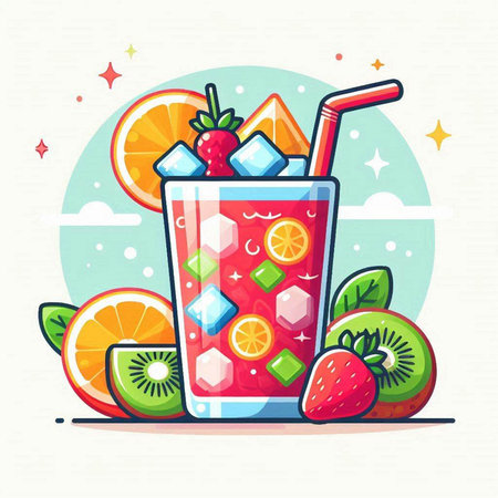 Cocktail with ice, fruits and berries. Vector illustration.のイラスト素材