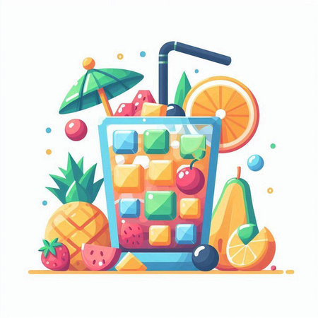 Fruit smoothie vector cartoon illustration. Fresh fruit juice with ice cubes, orange, lemon, strawberry, pear, orange, lemon, watermelon, pineapple and straw.のイラスト素材