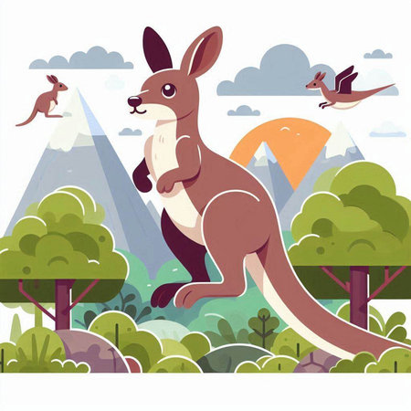 Kangaroo in the forest. Vector illustration. Cartoon style.のイラスト素材