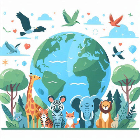 Animals around the world. Vector illustration in flat style. World environment day concept.のイラスト素材