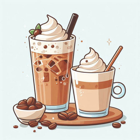 Iced coffee with whipped cream and coffee beans. Vector illustration.のイラスト素材