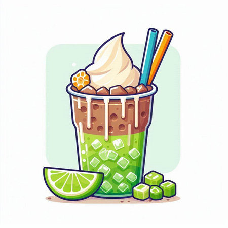 Green smoothie with lime and whipped cream in a glass. Vector illustration.のイラスト素材