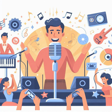 Music festival flat vector illustration. Cartoon man singing into a microphone and playing music instruments.のイラスト素材