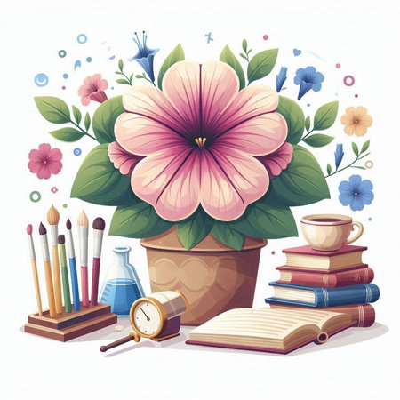 Flower in a pot, books, pencils, eraser, magnifying glass. Vector illustration.のイラスト素材