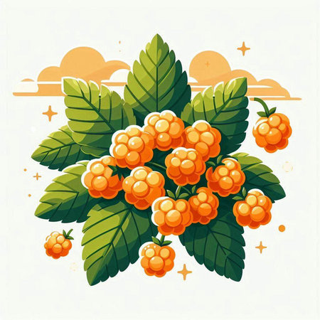 Branch with ripe yellow raspberries and green leaves. Vector illustration.のイラスト素材