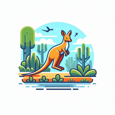 Kangaroo in the park. Vector illustration. Flat style.のイラスト素材