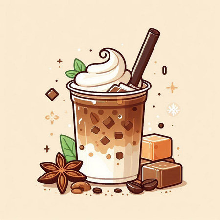 Coffee with whipped cream in a glass. Vector illustration.のイラスト素材