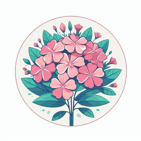 Illustration of pink hydrangea flowers in round frame.のイラスト素材