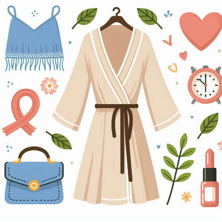 Vector illustration of a woman's dressing gown, handbag, clock, flowers, and hearts.のイラスト素材
