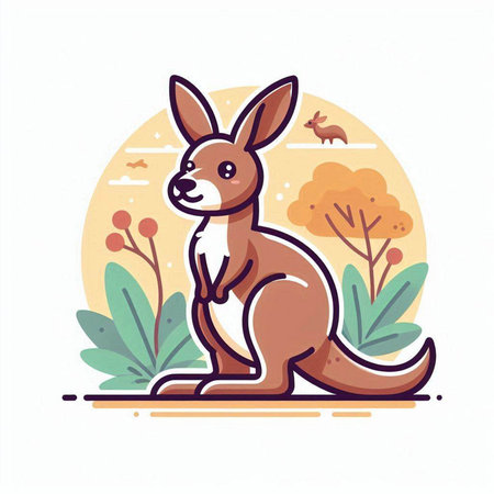 Kangaroo in the park, vector illustration in flat style.のイラスト素材