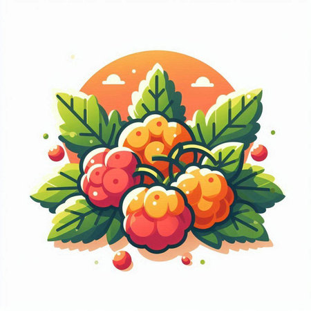 Bunch of ripe raspberries with green leaves. Vector illustration.のイラスト素材