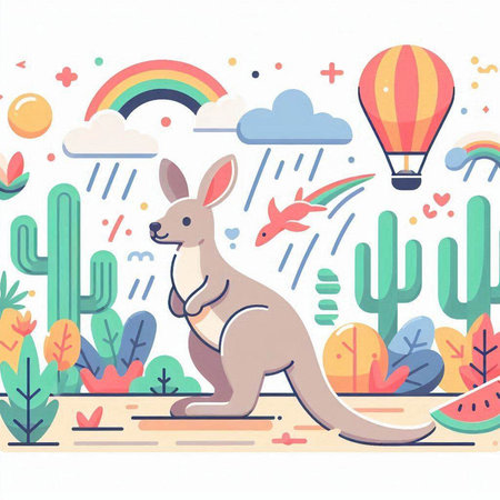 Kangaroo on the beach with hot air balloon. Vector illustrationのイラスト素材