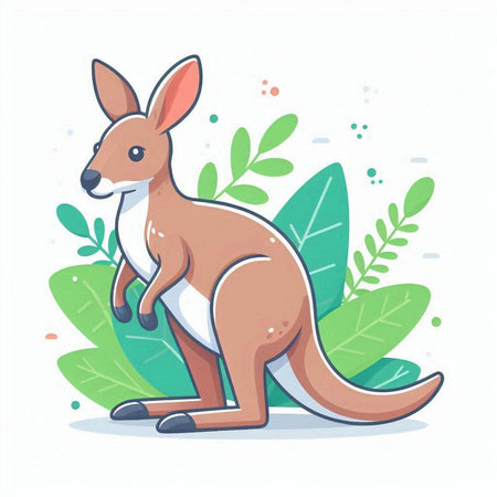 Kangaroo on a background of green leaves. Vector illustration.のイラスト素材