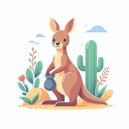 Kangaroo with pot. Cute cartoon kangaroo with cactus. Vector illustrationのイラスト素材