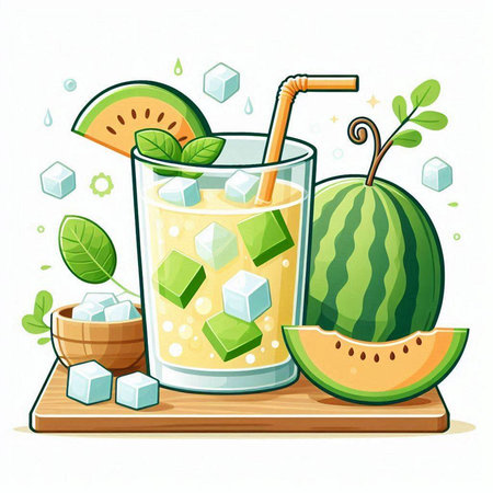 Watermelon smoothie with ice cubes and mint leaves. Vector illustration.のイラスト素材