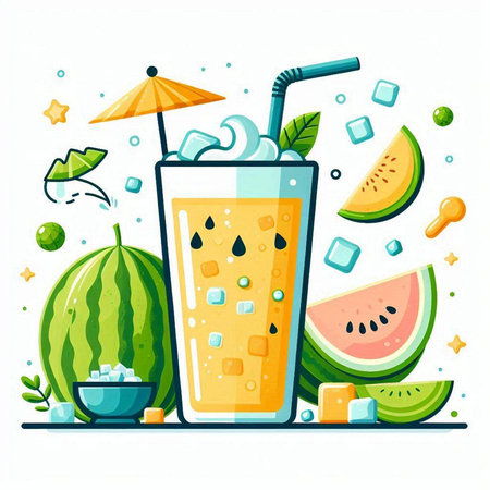 Fruit smoothie in a glass with ice cubes, watermelon and mint. Vector illustration.のイラスト素材