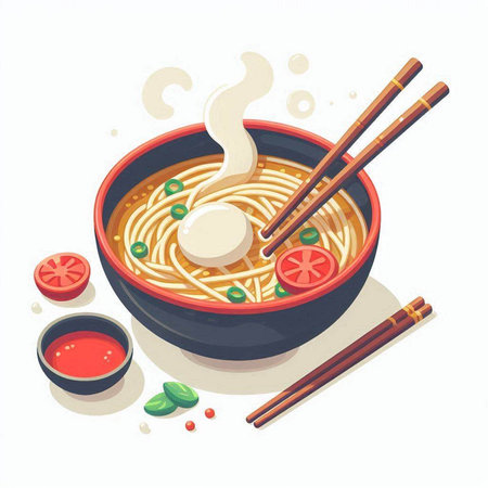 Illustration of Japanese ramen noodle soup with chopsticks and vegetablesのイラスト素材