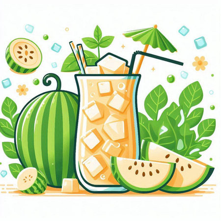 Watermelon smoothie with ice cubes, slices of watermelons and mint leaves. Vector illustration.のイラスト素材