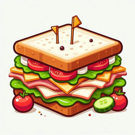 Sandwich with ham, cheese, tomato and cucumber. Vector illustration.のイラスト素材