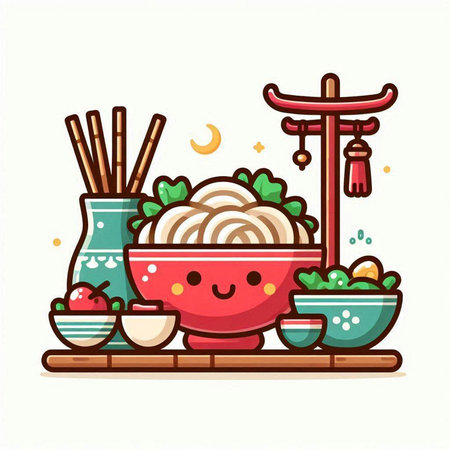 Vector illustration of japanese food in bowl with chopsticks.のイラスト素材