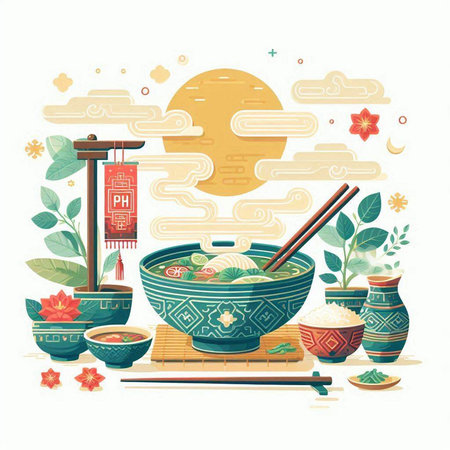 Vector illustration of japanese traditional food. Noodle soup with chopsticks.のイラスト素材