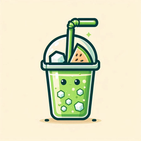 Cute green smoothie with ice cubes and straw. Vector illustration.のイラスト素材