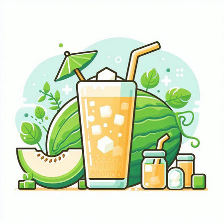 Cocktail with ice cubes and melon. Vector illustration.のイラスト素材